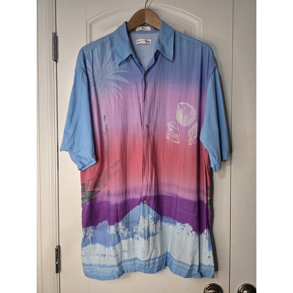 Pierre Cardin Mens Vintage 90s Tropical Sunset Rayon Shirt Blue Pink Purple L